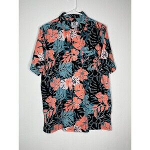 One Resolution Hawaiian Shirt Mens Large M Black Floral Button Up Bright Flowers